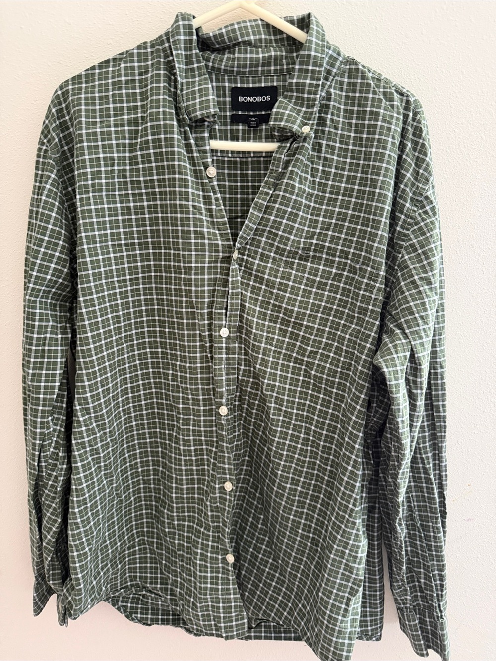Bonobos Olive and White Plaid Long-Sleeve Button-Down Shirt